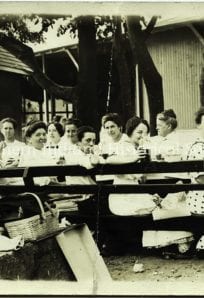 Lady Owls picnic c. 1910 ph YPOH Root Vintage photo of women enjoying an outdoor gathering at The History Museum.