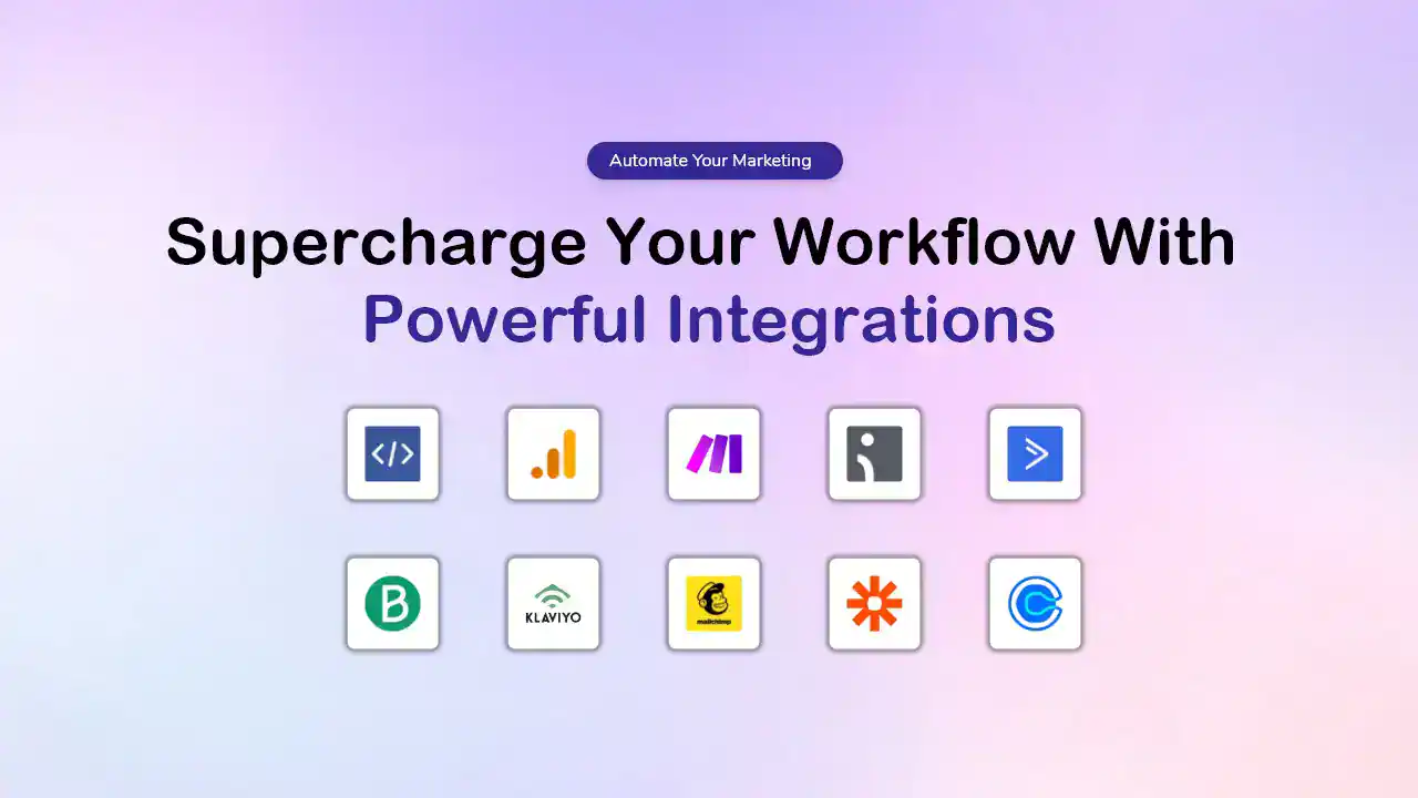 Quizify integrations: Code, charts, M, R, arrow, B, Klaviyo, chat bubble, asterisk, and C logos.