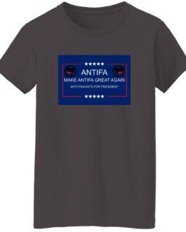 Charcoal grey "Make Antifa Great Again" T-shirt featuring a blue and red graphic with the Antifa symbol and text "Anti-Fascists for President." A women's cotton tee.