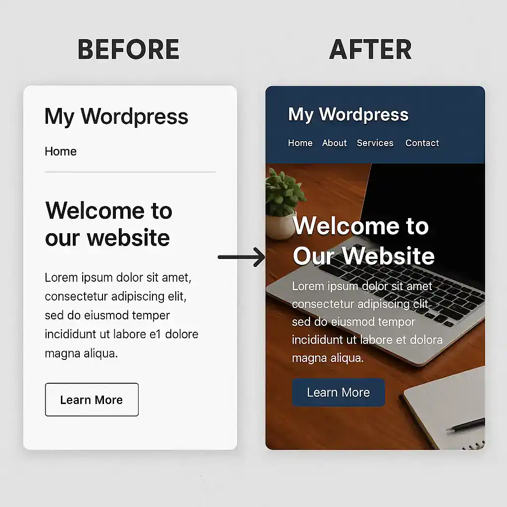 11 Easy Kadence Changes to Instantly Upgrade Your WordPress Site 1 before and after of a wordpress website