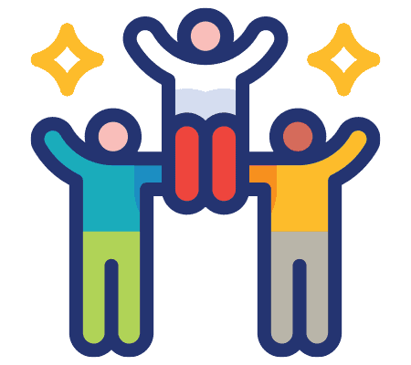 Icon of two people lifting another in celebration, symbolizing success and teamwork
