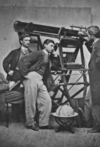 Notre Dame 1870s astronomy lab - resize (1) Antique telescope and scientists in historical museum discovery scene, 19th-century science exploration.