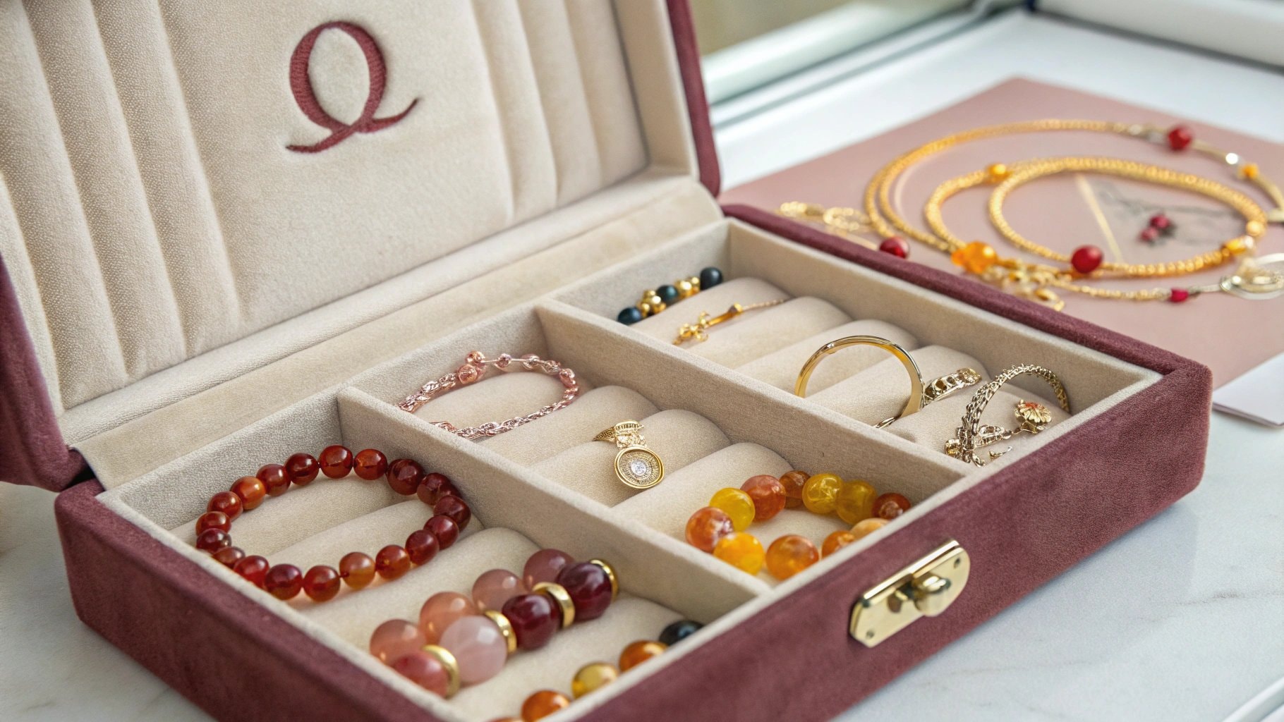 Jewelry box filled with ruby, citrine, and tiger’s eye accessories, representing July 23rd Zodiac birthstones