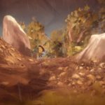 Feuille de route virtuelle dans un jeu d'aventure en forêt, avec un personnage explorant un terrain rocheux sous une pluie battante, illustrant le thème de l'exploration et de l'aventure extérieure.