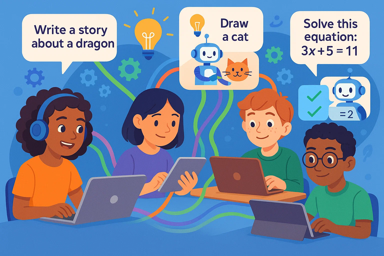 Children learning prompt engineering - communicating effectively with AI assistants for creative and educational projects