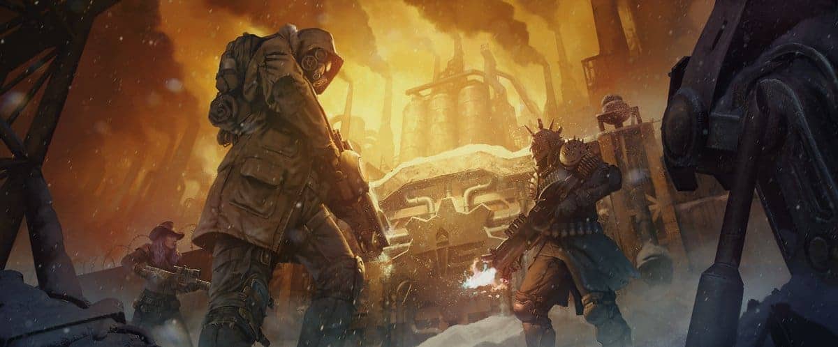 Guerre futuriste avec soldats équipés d'armures et d'armes avancées dans un paysage industriel en feu, illustrant un environnement de combat intense et dystopique.