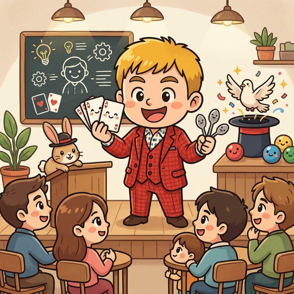 事務所をまるごとIDE×AI×Obsidianで管理してみたら世界が変わった。経理も発信も資料作成も、一人で5人分の仕事がこなせるようになった話 5 AI活用セミナーで講演するマジシャン・コンプレッサー。笑顔の受講者たちと擬人化したマジック道具が楽しくワークショップを盛り上げるイラスト