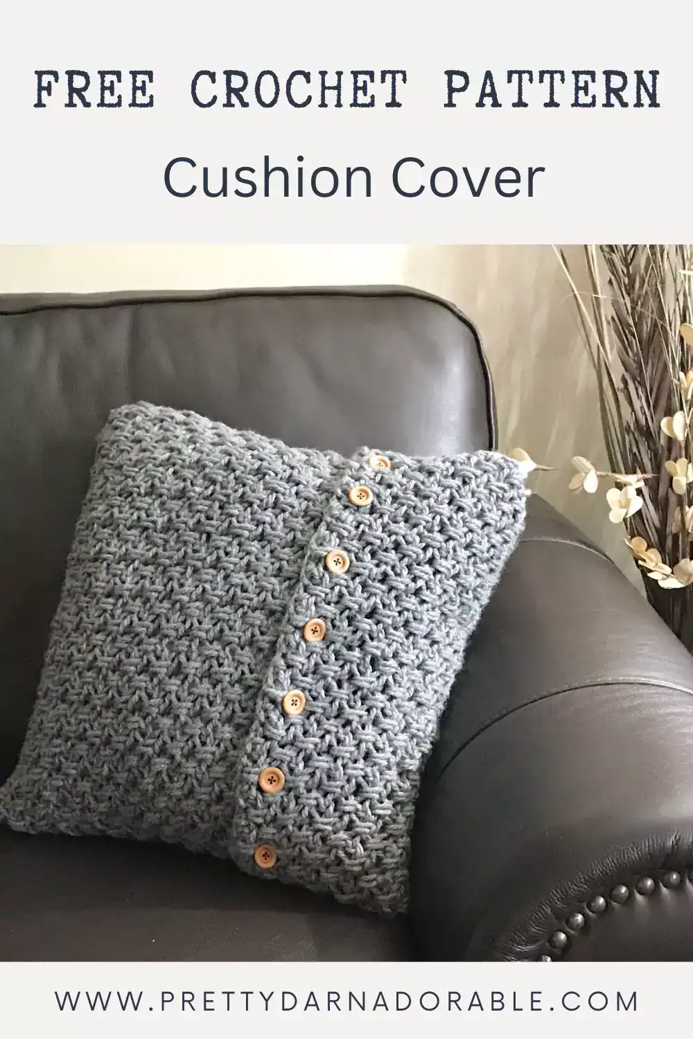grey crochet cushion cover with wooden buttons