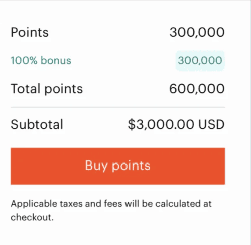 Get a 100% Bonus When You Buy IHG Points 2 Example of buying 300,000 points with a 100% bonus