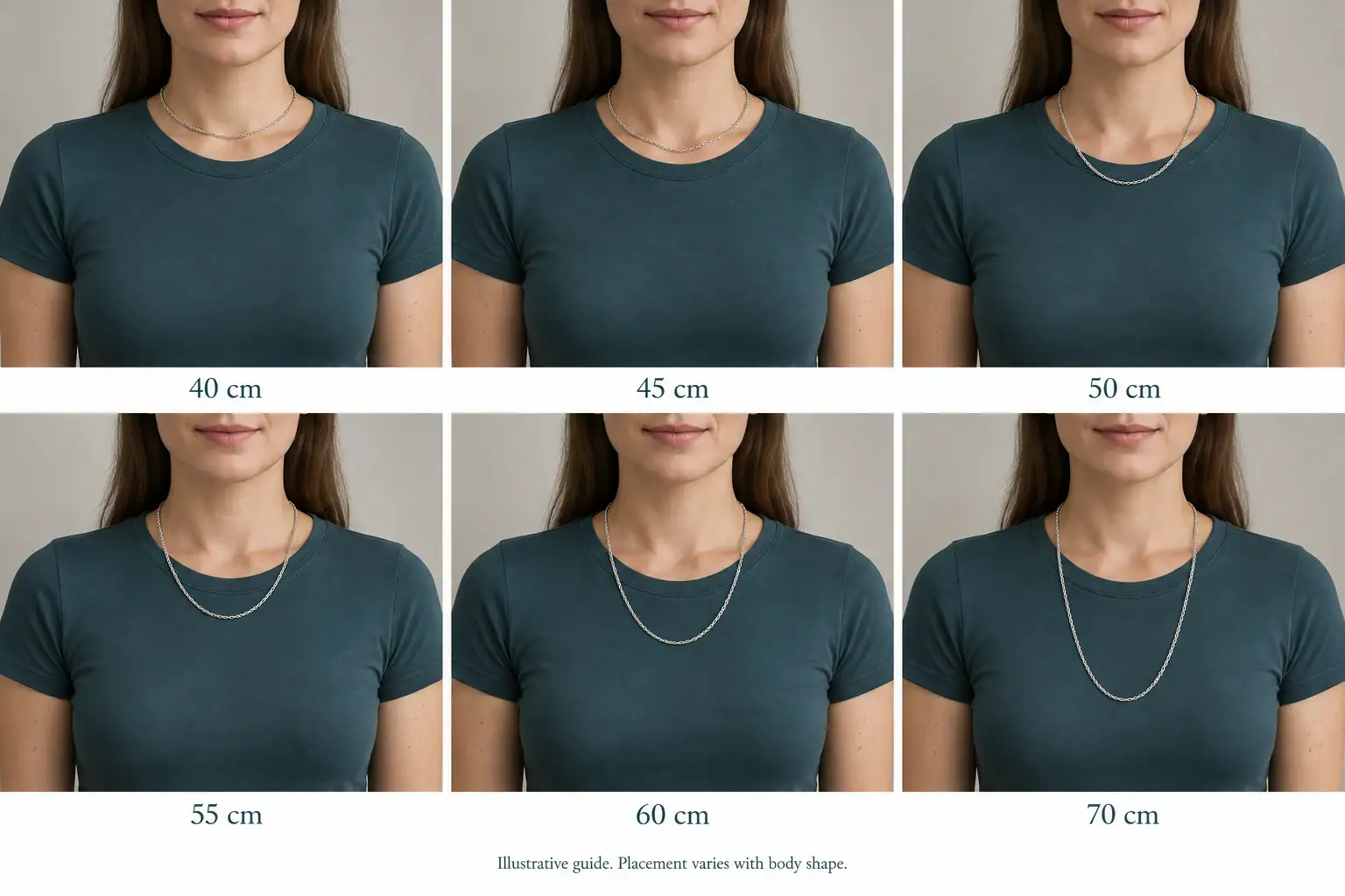 Illustration of a person wearing a 40 cm silver chain