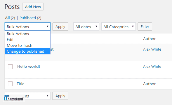 change to publish status added to bulk action combo box