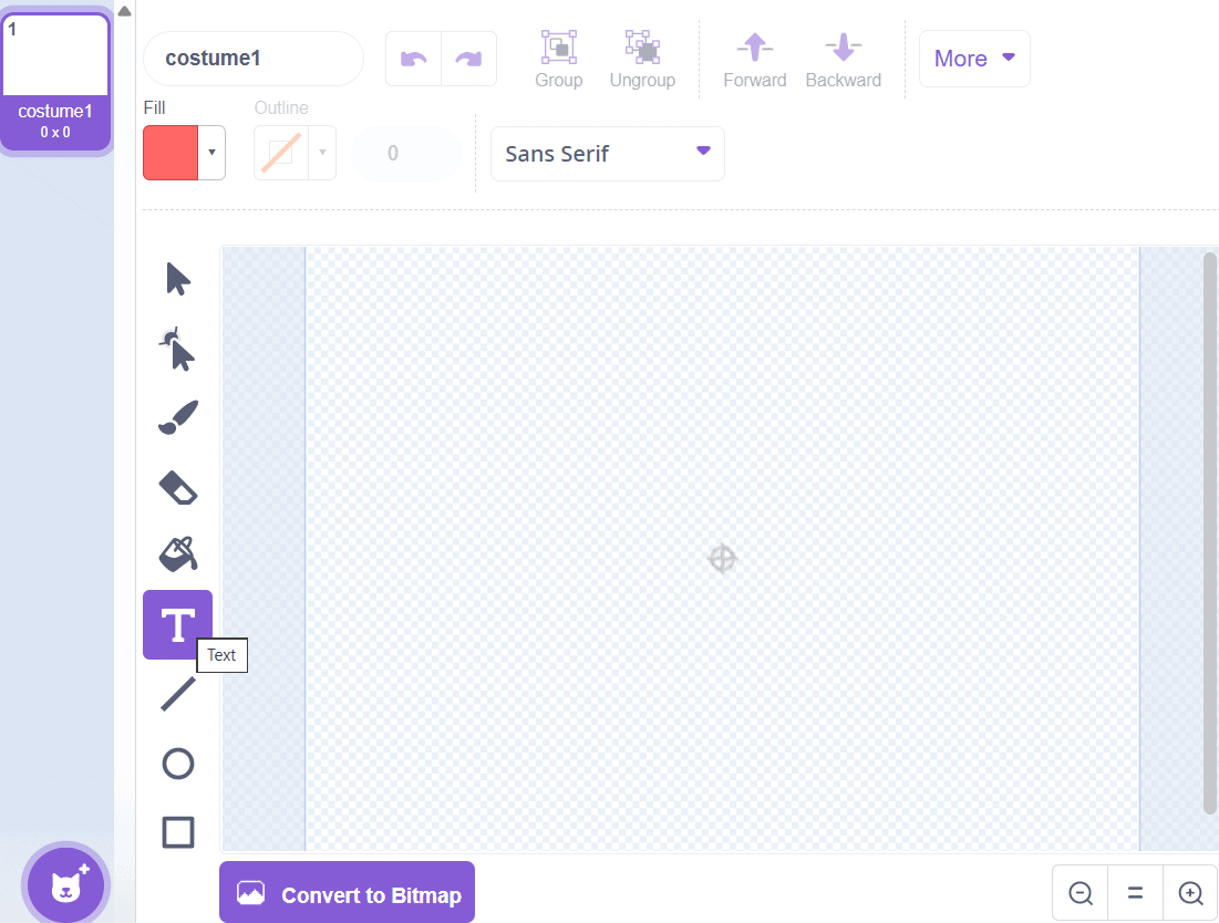 Scratch costume editor showing paint tools Fill and Outline options for HUD design