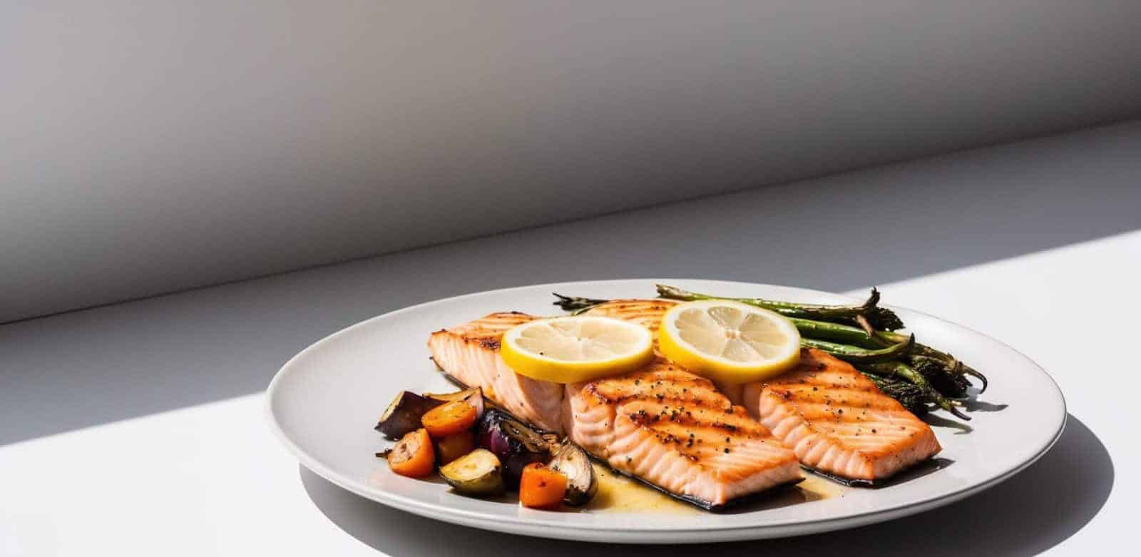 A white plate with grilled salmon fillets topped with lemon slices, served alongside vegetables like asparagus, cherry tomatoes, and zucchini; auto-drafted to perfection.
