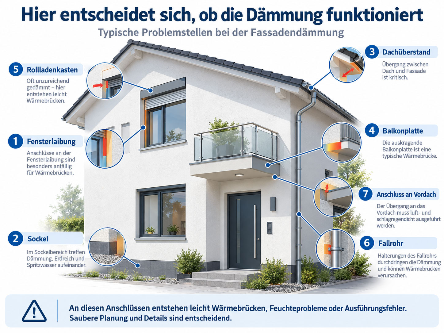 Hausfassade mit markierten Problemstellen bei der Dämmung an Fensterlaibung, Sockel, Dach, Balkon, Rollladenkasten, Fallrohr und Vordach.