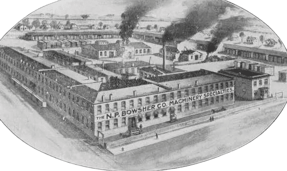 Bowsher Factory N.P. Bowsher Co. machinery manufacturing plant illustration showcasing historic industrial buildings and early 20th-century factory architecture.