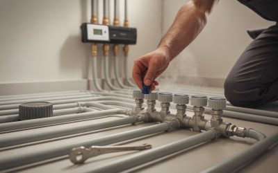 v2-1bzxhf-aqd1l Manos de un técnico ajustando válvulas en un colector de suelo radiante en una sala de mantenimiento.