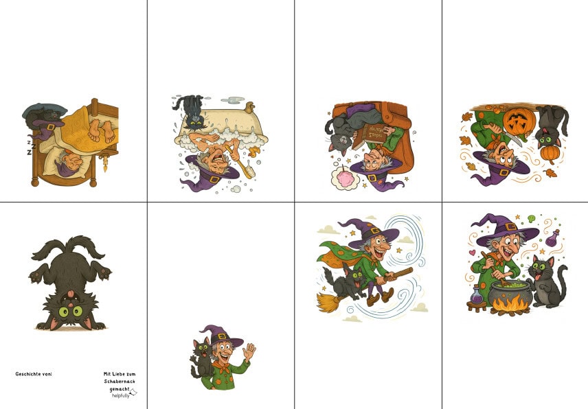 Lustige Bildergeschichte mit Hexe und Katze zum Ausdrucken und Selberschreiben