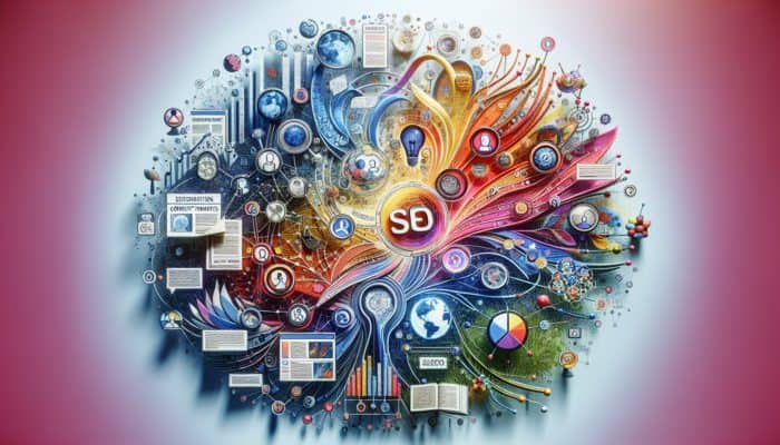 Use Branded Content Campaigns for Backlinks: A vibrant collage of branded content formats like articles, videos, infographics, enhancing SEO and consumer engagement.