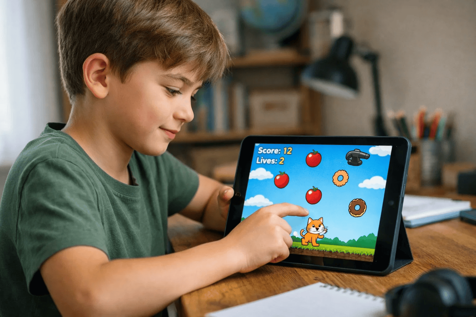 Student playing a custom Scratch catching game on a tablet, with falling objects and visible score tracking.