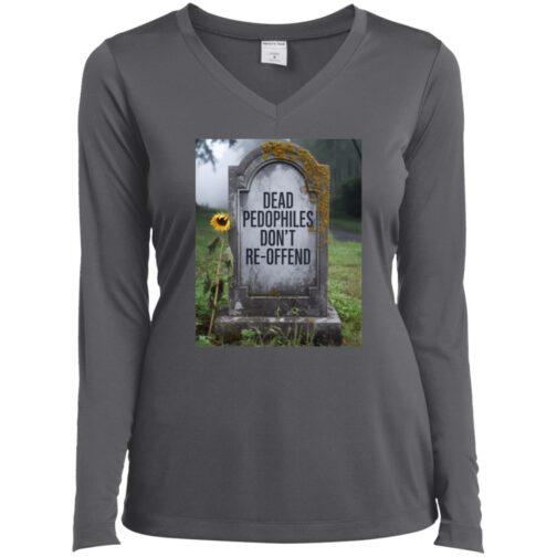 Iron grey V-neck tee featuring a tombstone with the words "Dead Pedophiles Don't Re-Offend" and a sunflower. Anti-pedophile apparel.