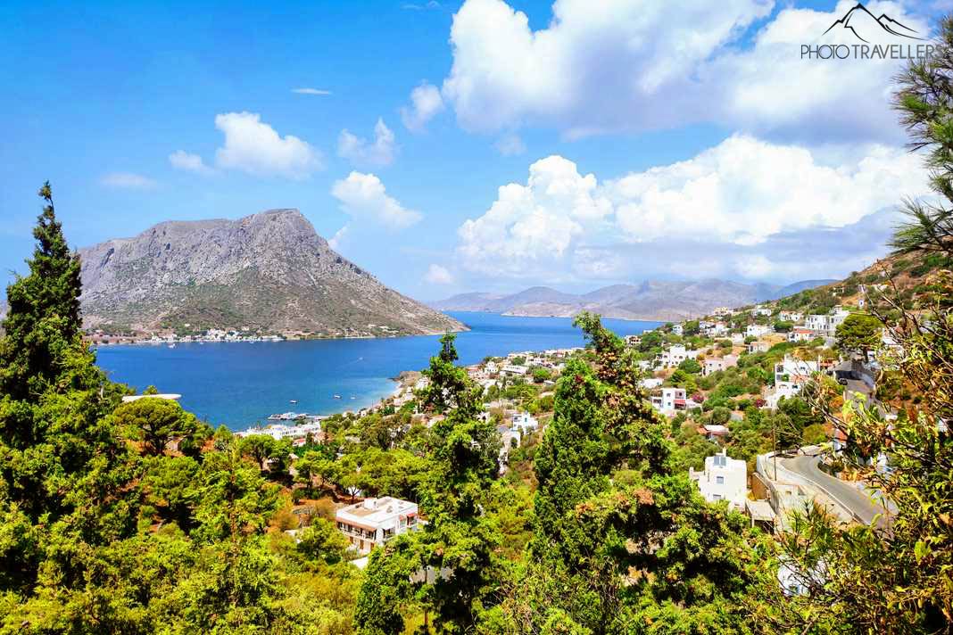 Im Ort Myrties findet man viele Nadelbäume, dahinter die Felseninsel Telendos