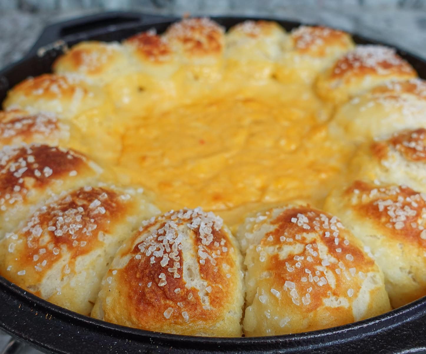 Closeup of beer cheese skillet