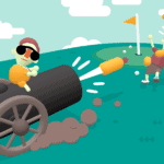 Canon d'artillerie cartoon avec deux personnages en activité de loisir et jeux dans un paysage sûr, mettant en valeur le divertissement et la dynamique de jeux vidéo.
