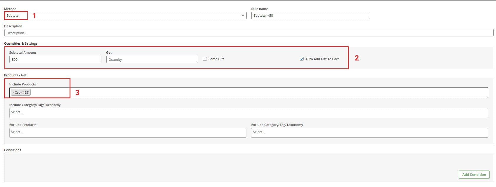 Set rule if customer order more than $500, get 1 cap for free