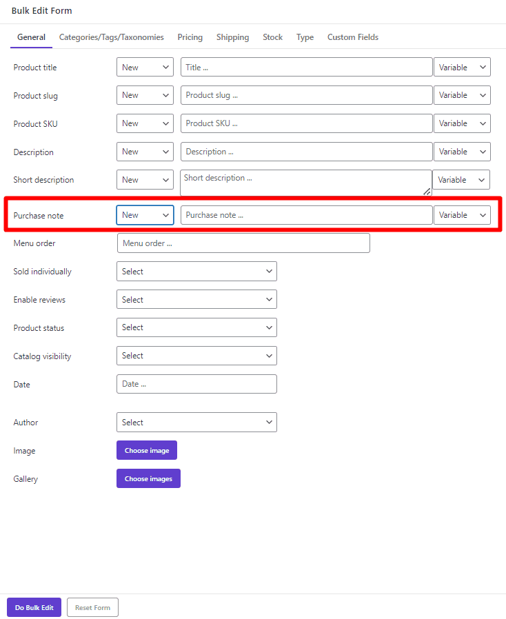 Bulk Edit WooCommerce product purchase note