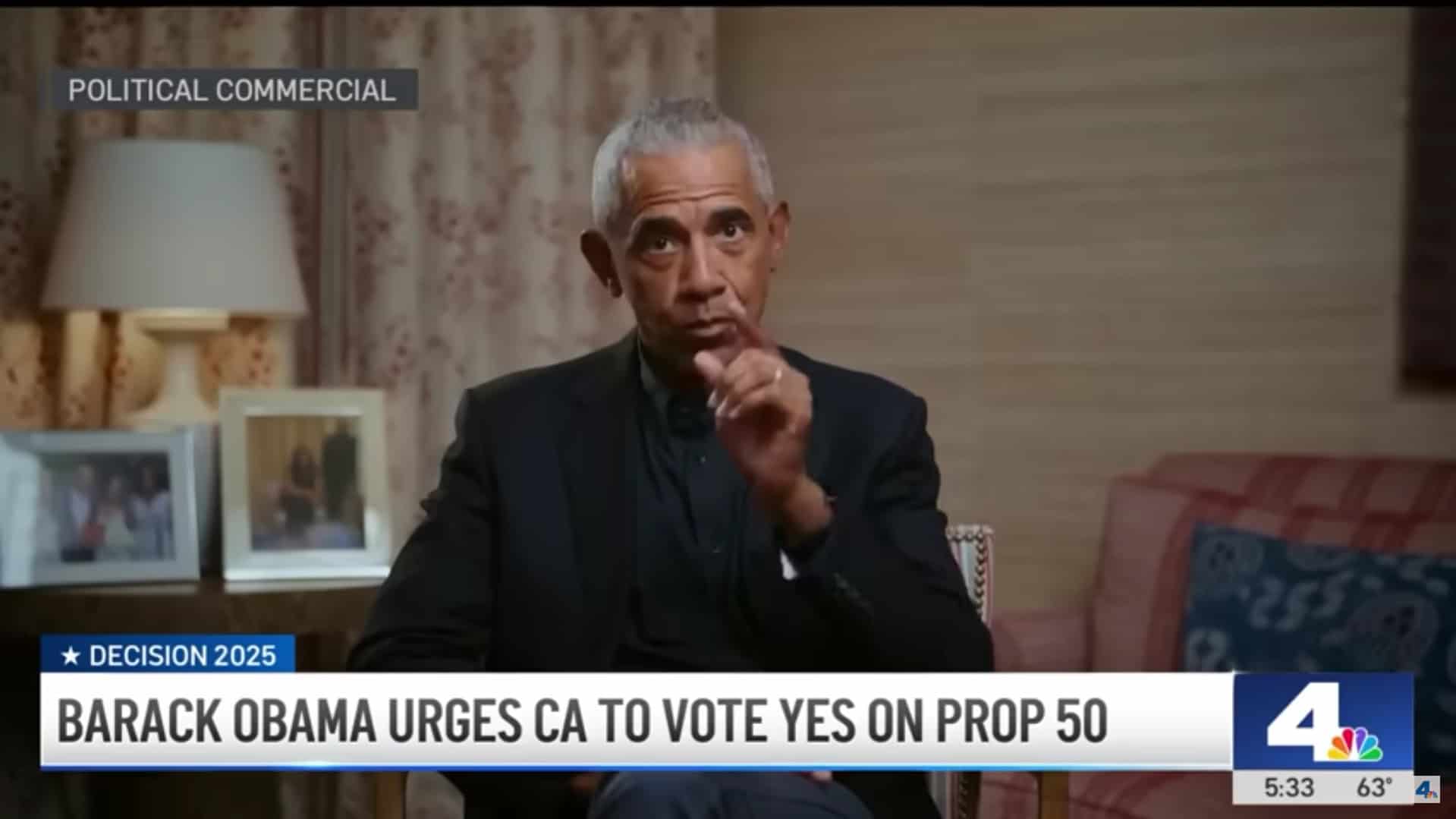 Barack Obama appears in a political TV ad supporting California Proposition 50 redistricting campaign, shown on NBC Los Angeles YouTube channel.