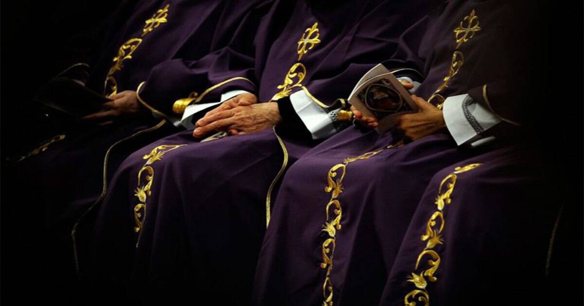 Close-up of several individuals in purple robes with gold embellishments, possibly clergy or members of an organization, sitting in a row. One holds a book, suggesting a ceremony or gathering. The image evokes a sense of secrecy or hidden activity, perhaps alluding to the "elite networks" and "cover-ups" mentioned in the blog content.