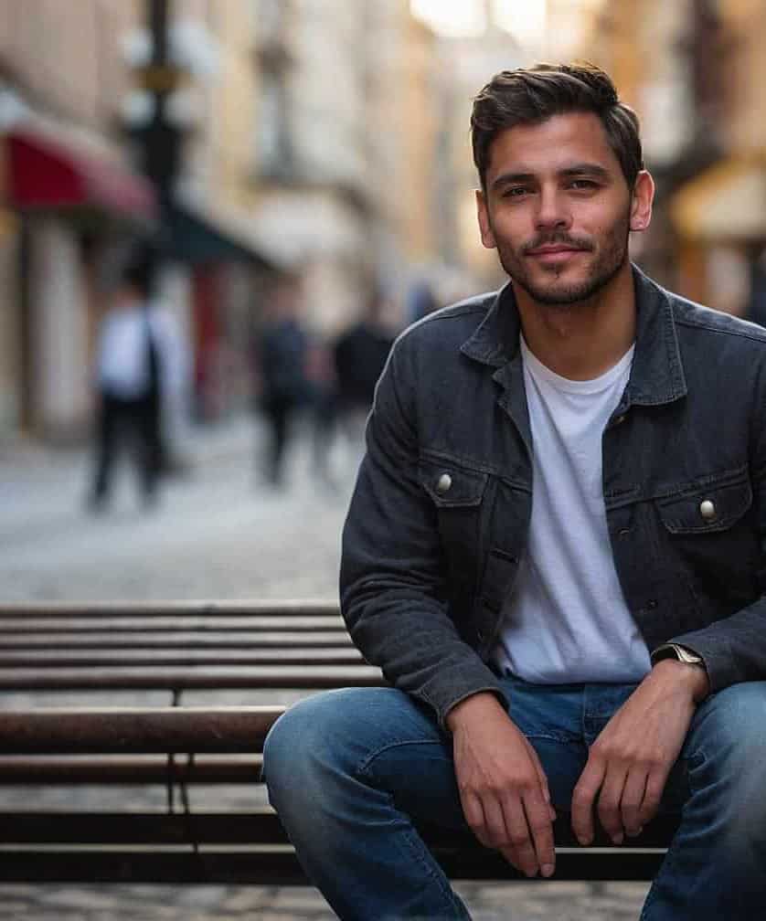 A young man with short hair and a beard, wearing a denim jacket, sits smiling on a city bench, with blurred pedestrians in the background.