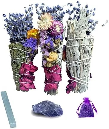 Sage Smudge Kit with Gemstones 10 3 Pack Sage, Crystal & Flowers Smudge Kit