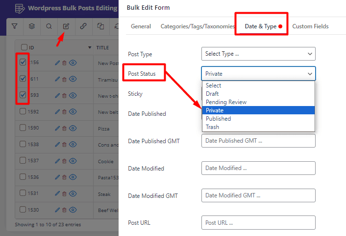 Bulk edit multi WordPress posts to private