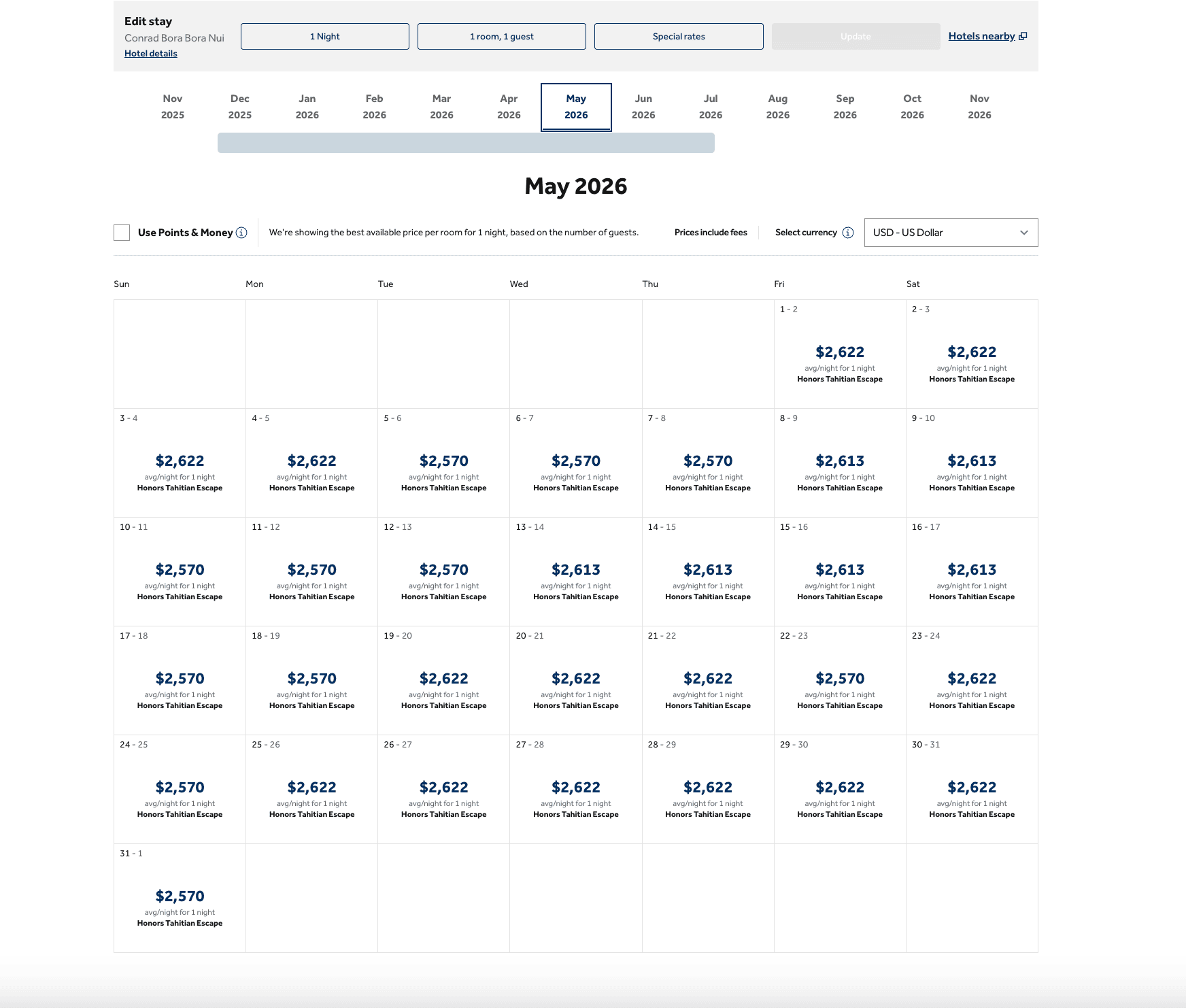 Hilton Free Night Certificate: Turn Everyday Spending Into Free Luxury Stays 5 Example of room rates at Conrad Bora Bora Nui resort hotel for cash payments (May 2026)