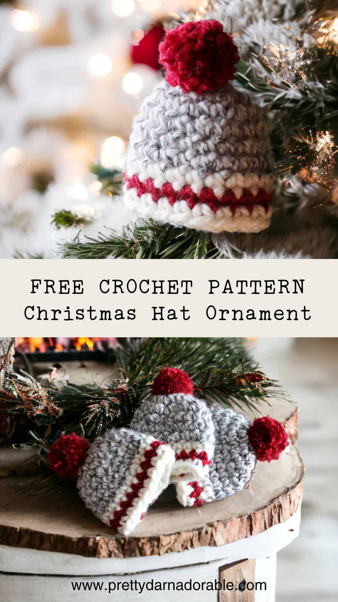 crochet mini christmas hat in grey white and cream like a sock monkey