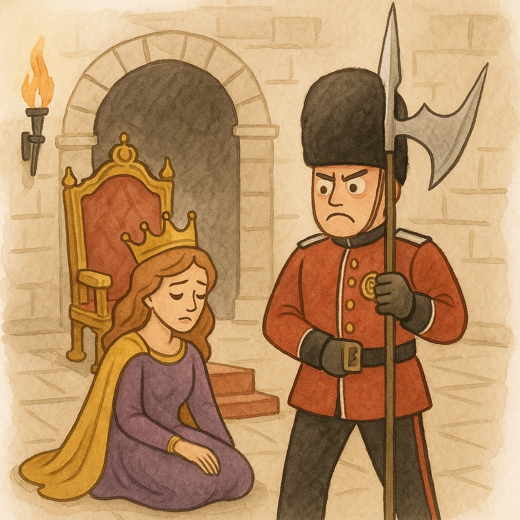 cortisol-secret-saboteur-estrogen-queen-moxiemart.png Illustration of a weary queen in a purple gown and golden crown sitting beside her throne, symbolizing estrogen, while an overzealous palace guard in a red uniform and black hat stands tensely with a halberd, representing cortisol’s overactivation and disruption of hormonal balance.