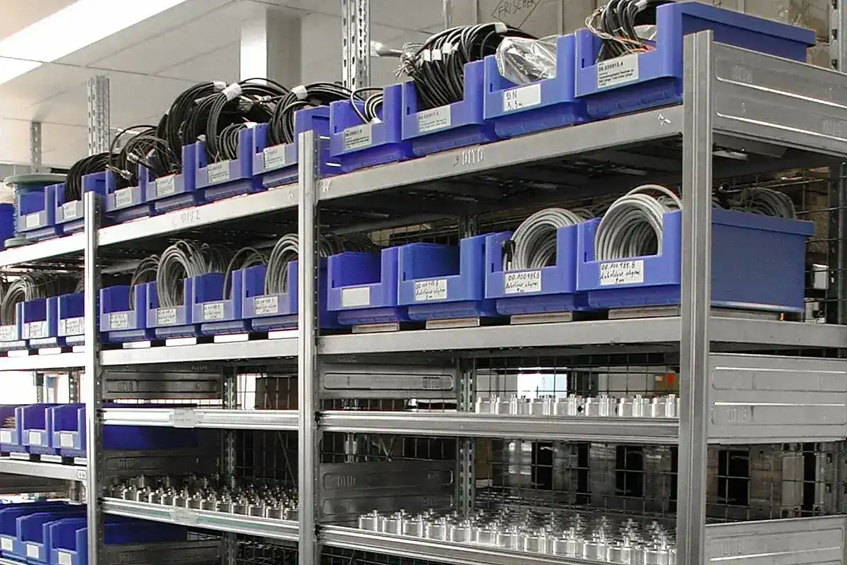 Storage shelves with filled blue open-fronted storage bins and metal items