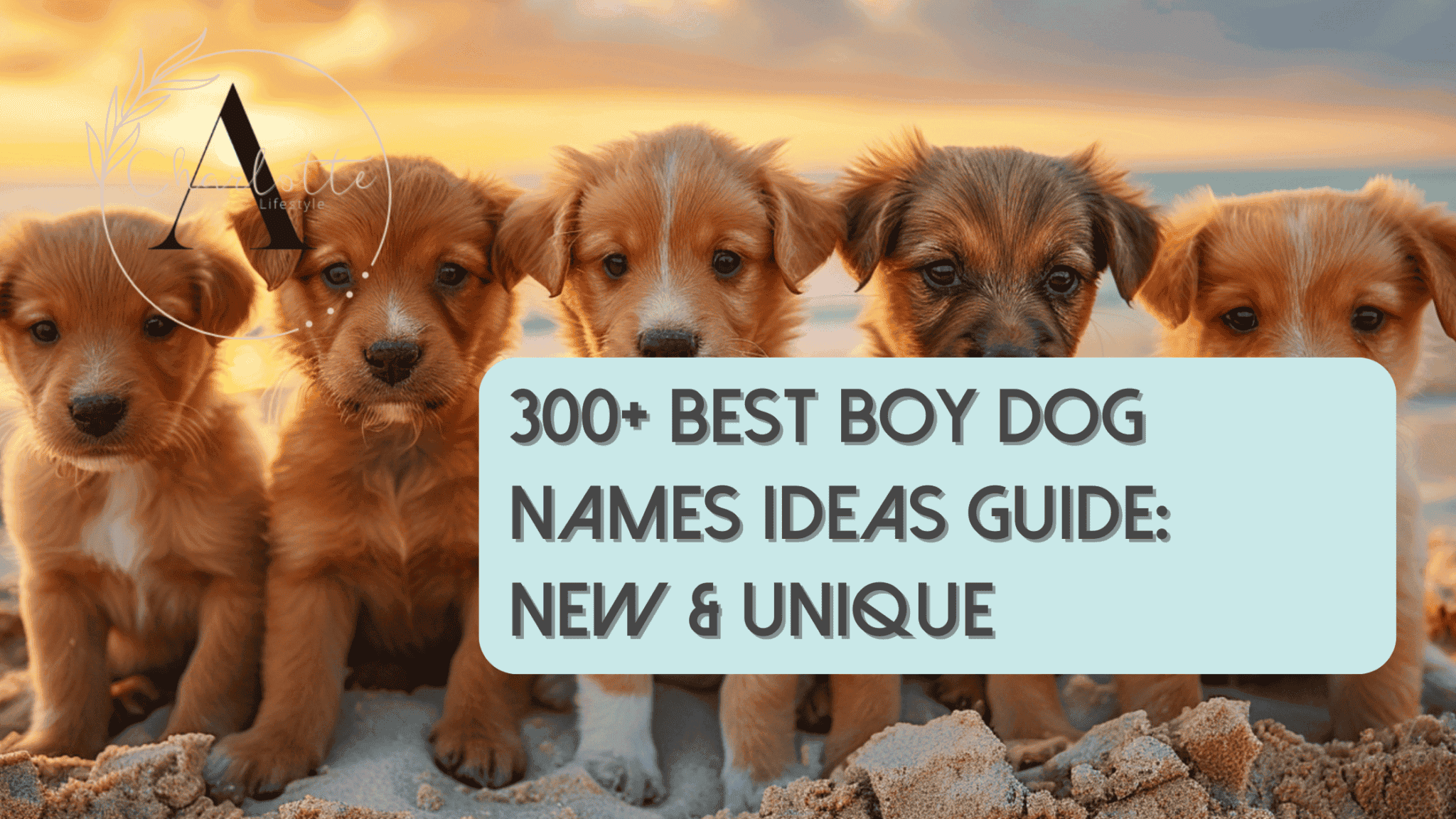 5 adorable cute puppies on a beach at sunset posing for a group picture