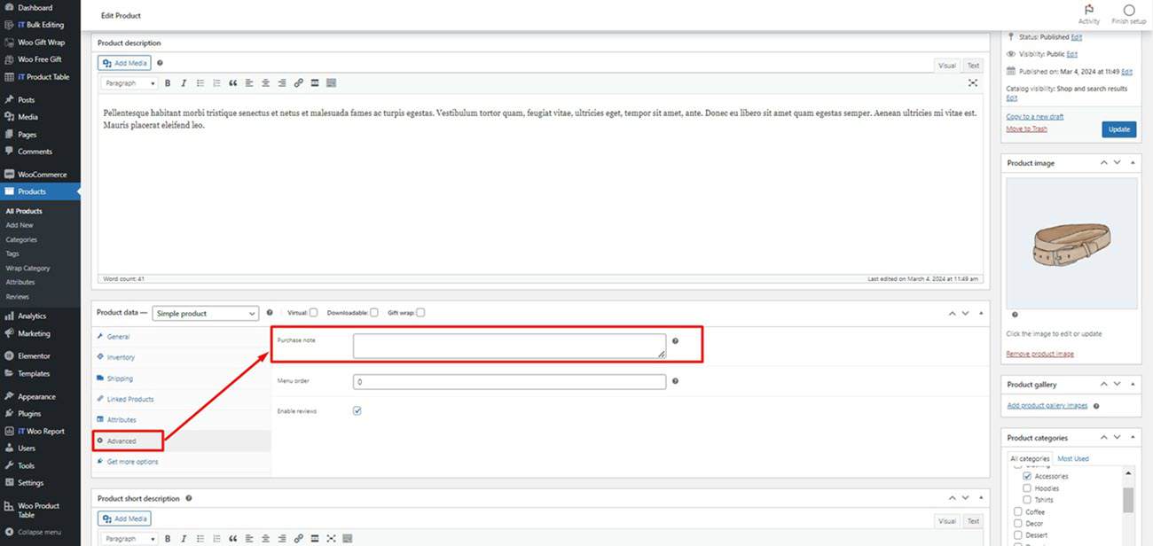 purchase note field in Advanced tab