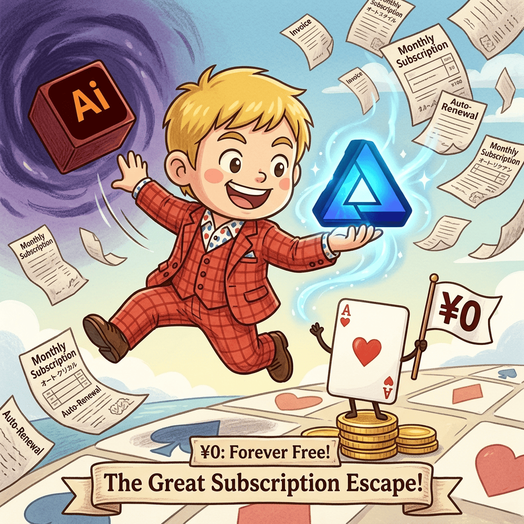 Adobe解約を決断!無料Affinityに乗り換えた3つの驚く理由【2026年版】 1 Adobe解約からAffinity乗り換えを決断したマジシャンのチビキャラ風イラスト。Adobeのアイコンを手放し、無料のAffinityロゴを受け取る様子