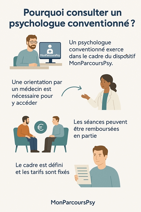 Infographie explicative du dispositif MonParcoursPsy en France, illustrant les étapes pour consulter un psychologue conventionné et bénéficier du remboursement.