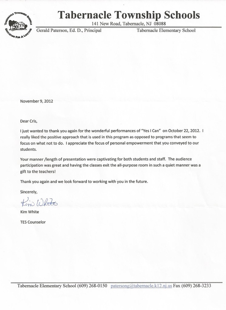 testimonial letter for primary elementary and middle school assembly performer Cris Johnson