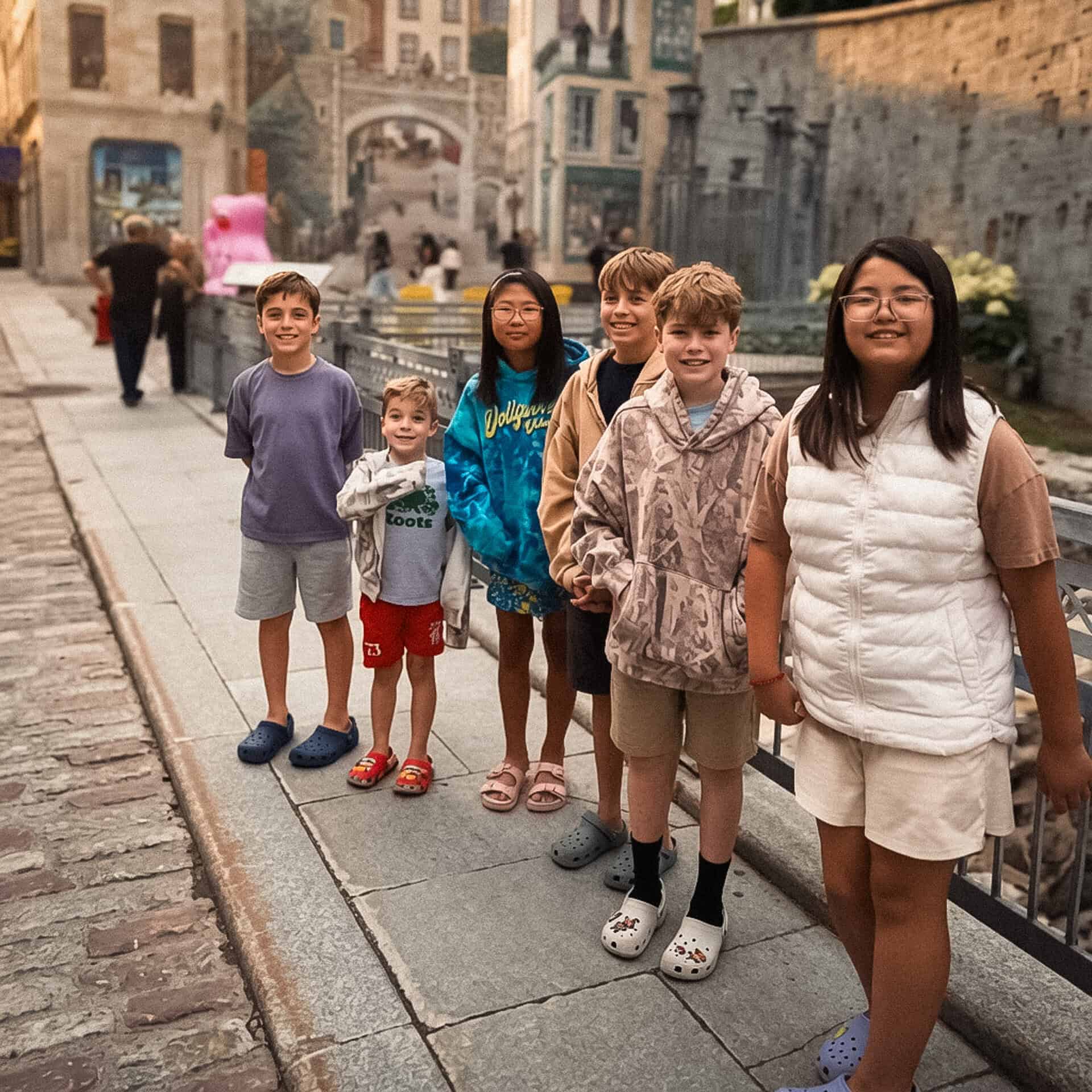 Six smiling children standing together on a cobblestone street in a historic old town.
