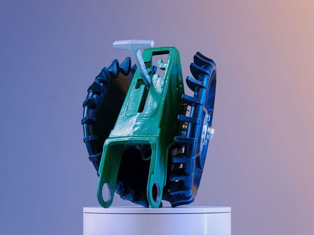 4Ag planter closing wheel front angle showing mounting bracket and dual wheels