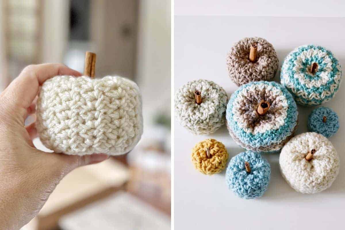 A hand holds a small, cream-colored crocheted pumpkin with a cinnamon stick stem; nearby, more crocheted pumpkins in neutral and blue shades rest on a white surface. No visible text or promotional information appears in the image. Free crochet pattern