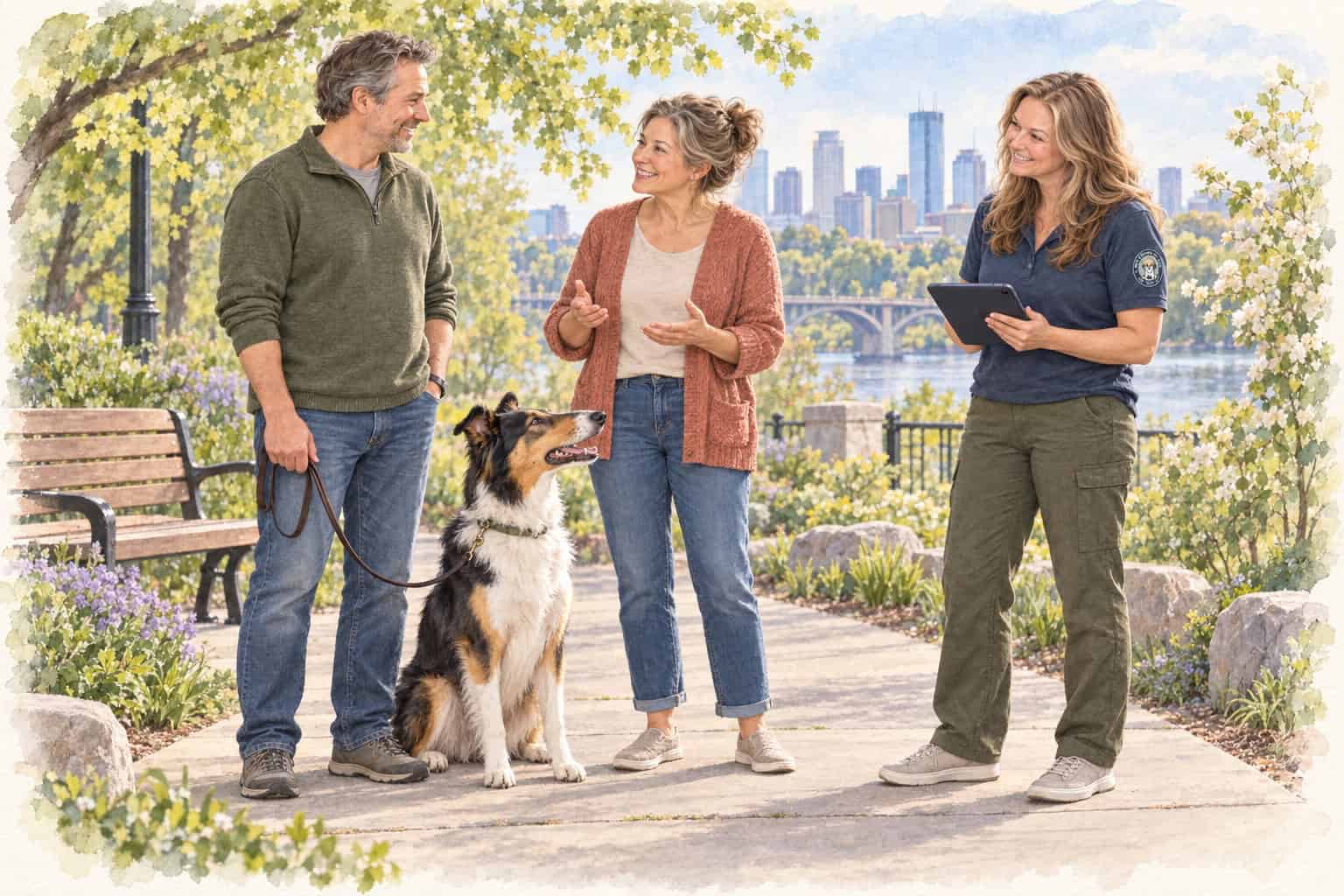 Watercolor illustration of Emily holding an iPad while a dog and its person practice a relaxed greeting on a Minneapolis park path.