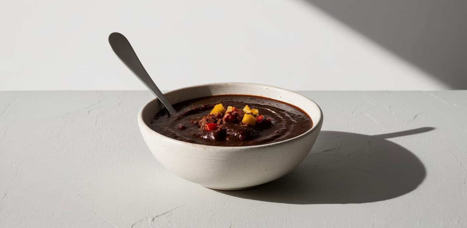 A bowl of dark Mole Poblano soup garnished with diced yellow vegetables, with a spoon placed in the bowl, sits on a textured surface with a shadow cast to the side.