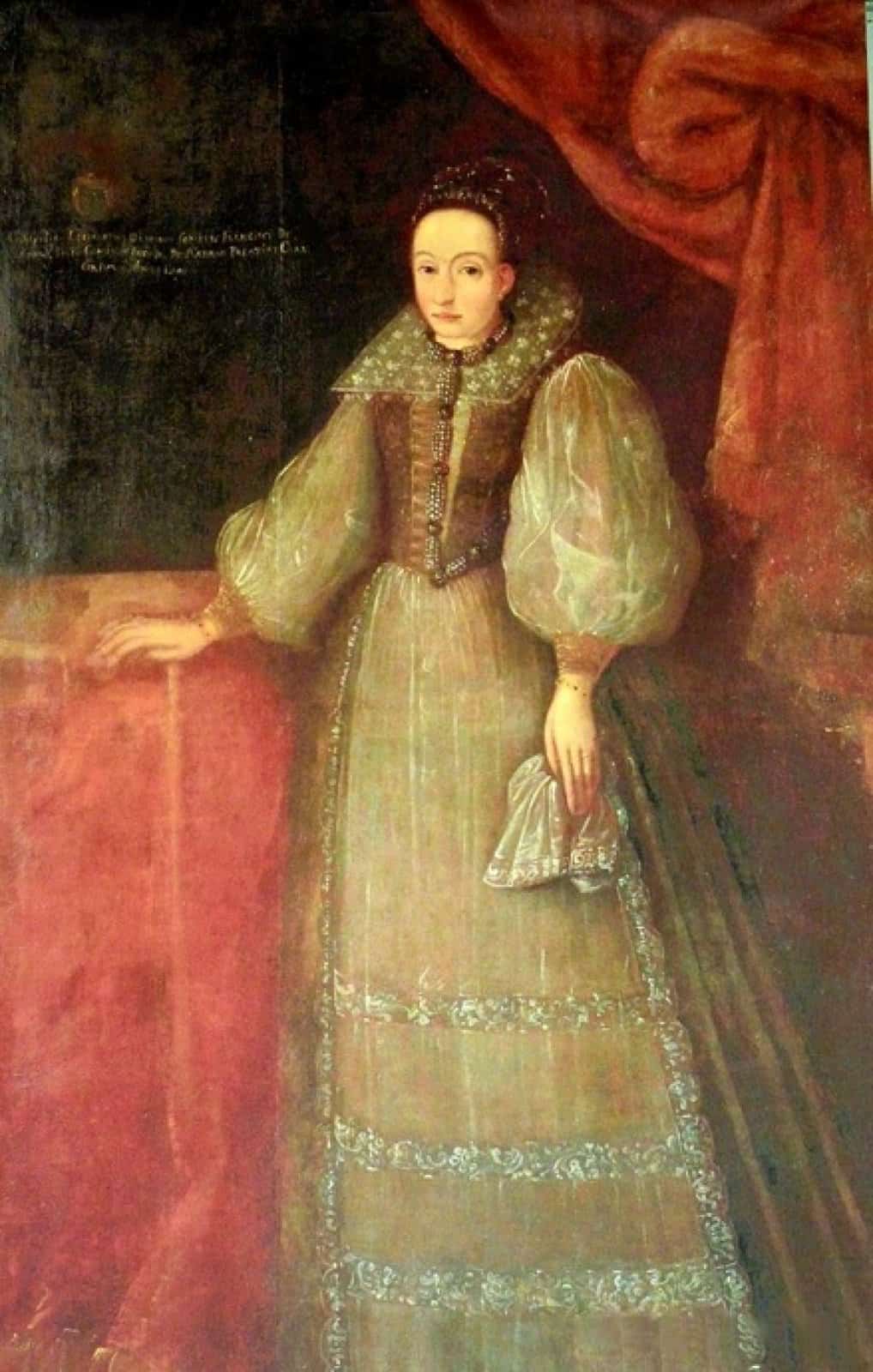 Painted portrait of Elizabeth Báthory in dark noblewoman's dress with a white ruff