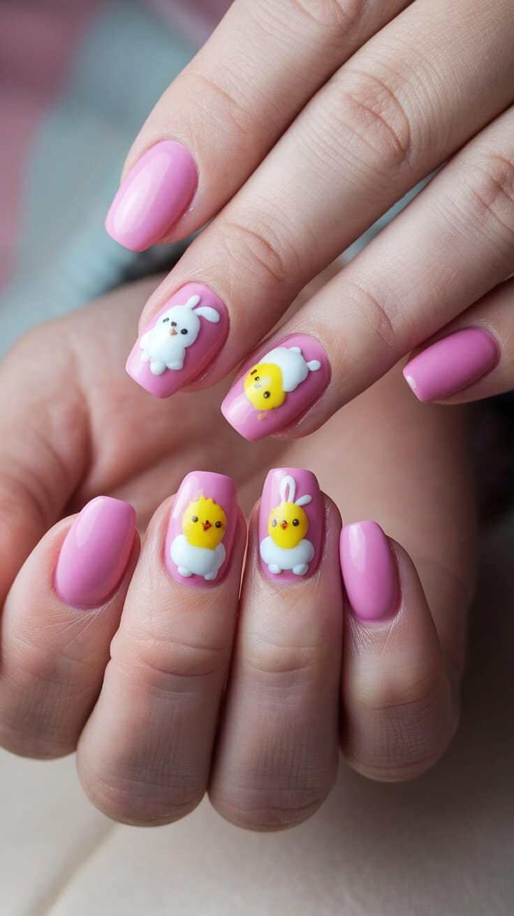 Nails featuring pink polish with cute bunny and baby chick designs